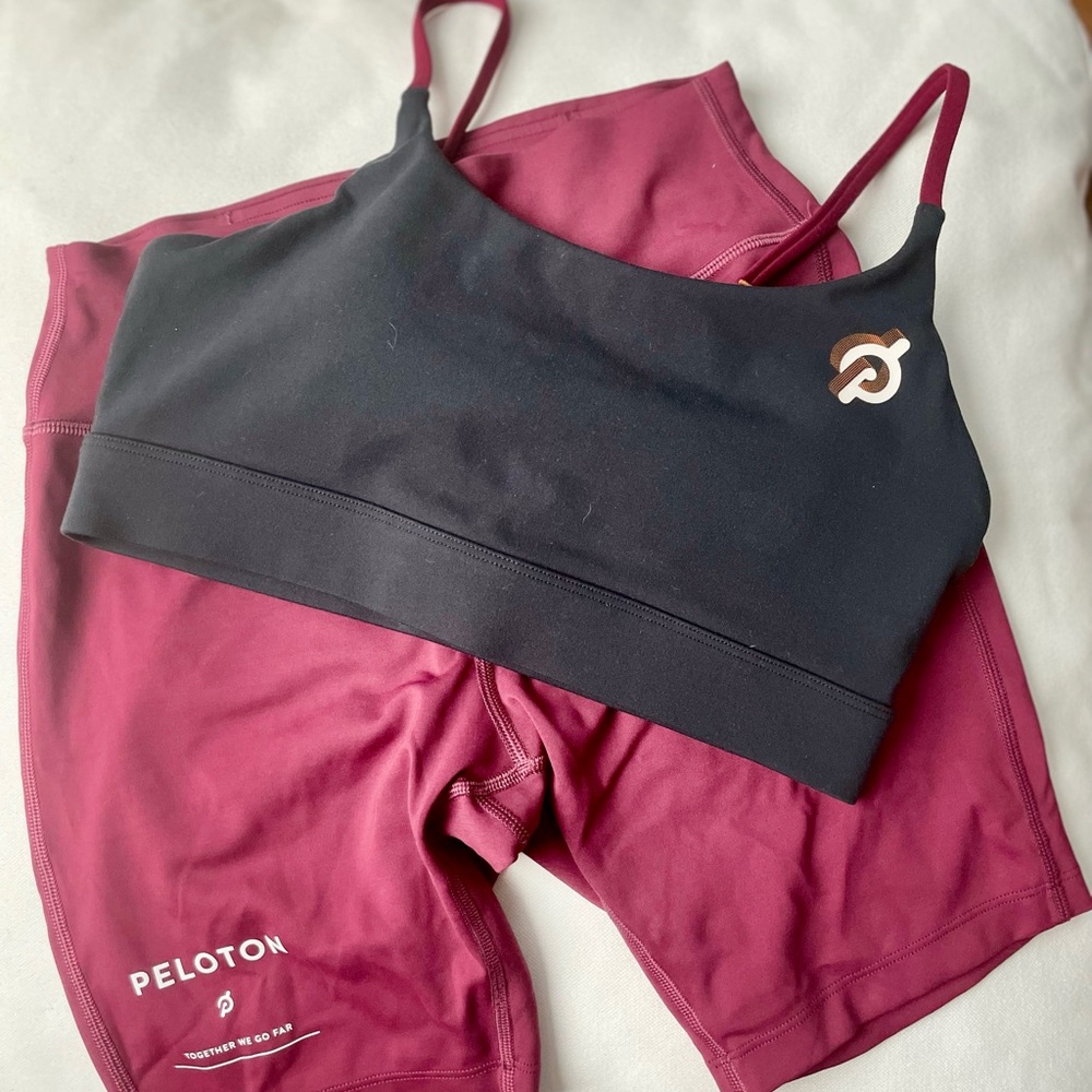 Peloton Black and Burgundy Cadent Set with sports bra & bike shorts
